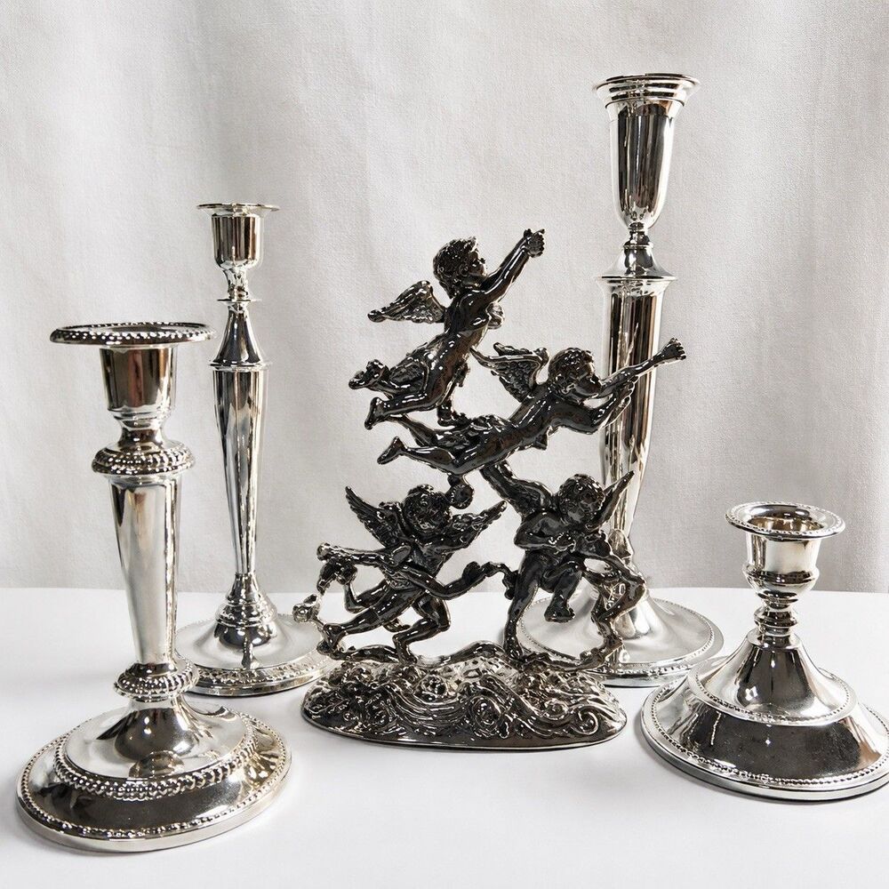 Godinger 4 Silver Plated Candle Holders & Unbranded Angel Cherub. Weddings Xmas